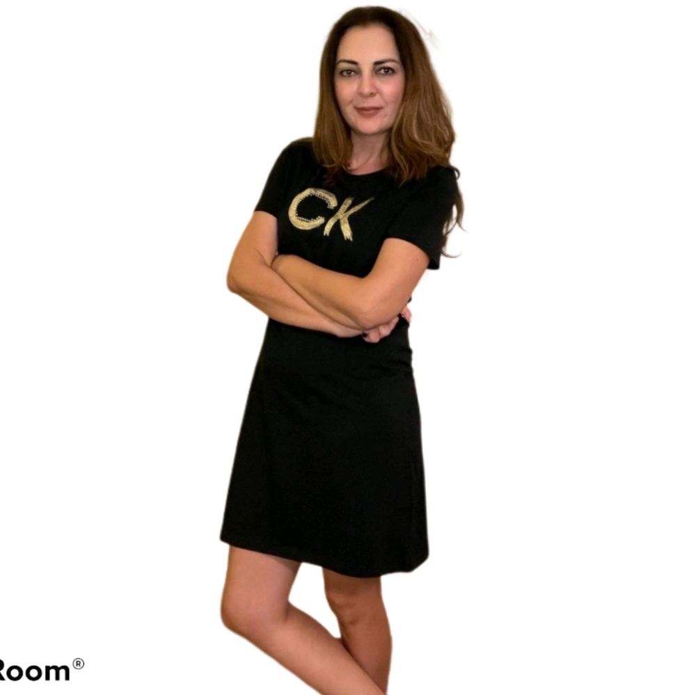 Calvin Klein Black Rhinestones Mini Shirt Dress M